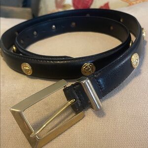 Black Leather Women's Belt with Gold Medallion Accents